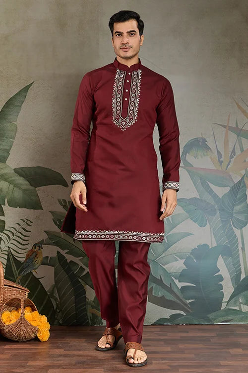 Wedding Special Maroon Kurta Pajama with Open Koti for Men Clothsvilla