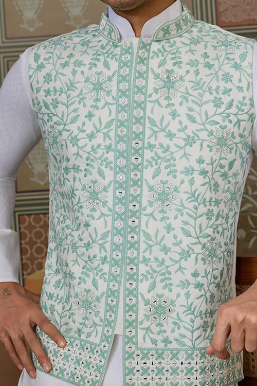 Wedding White Kurta Pajama with Green Koti Style Clothsvilla