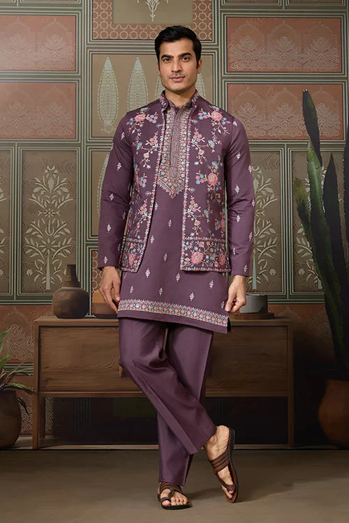 Dusty Purple Wedding Kurta with Matching Koti Set for men Clothsvilla
