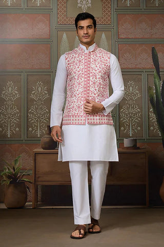 Wedding Pink Koti with White Kurta Pajama Set Clothsvilla