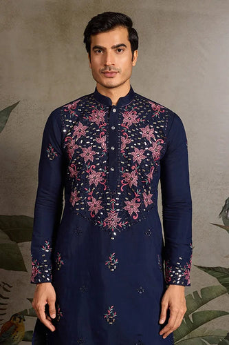 Wedding Special Navy Blue Embroidered Mens Kurta Set Clothsvilla