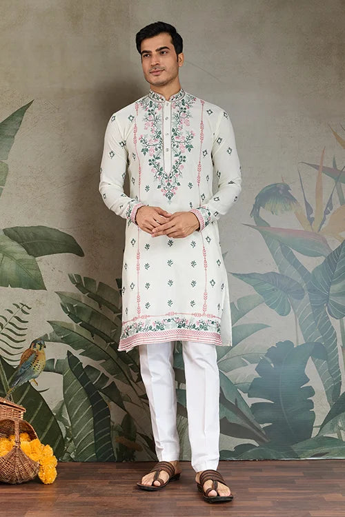 Wedding Special White Embroidered Silk Kurta Clothsvilla