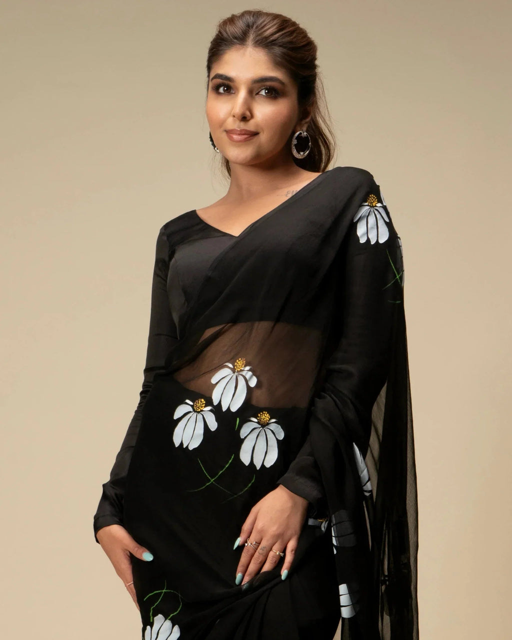 Black Hand-Painted Pure Georgette Saree with White Floral Motifs & Sequins | Modal Satin Blouse FANCY SAREES