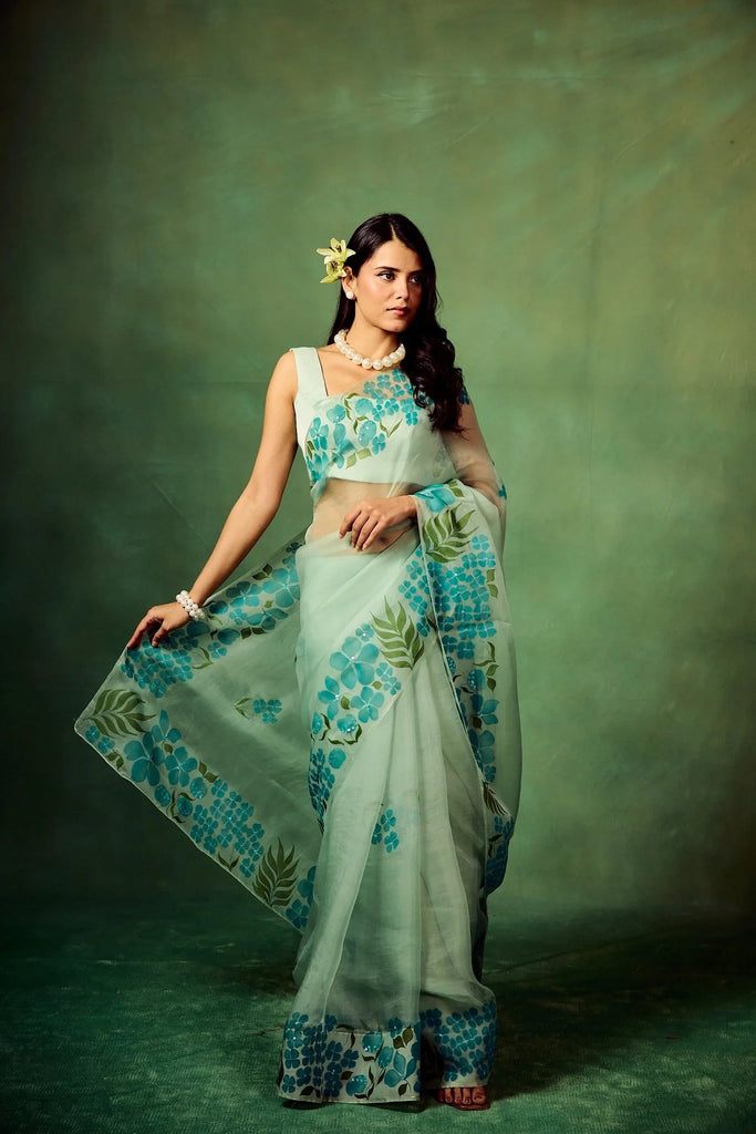 Sky Blue Pure Organza Hand-Painted Saree with White Floral Motifs & Sequins | Modal Satin Blouse FANCY SAREES