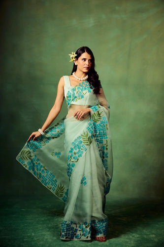 Sky Blue Pure Organza Hand-Painted Saree with White Floral Motifs & Sequins | Modal Satin Blouse FANCY SAREES