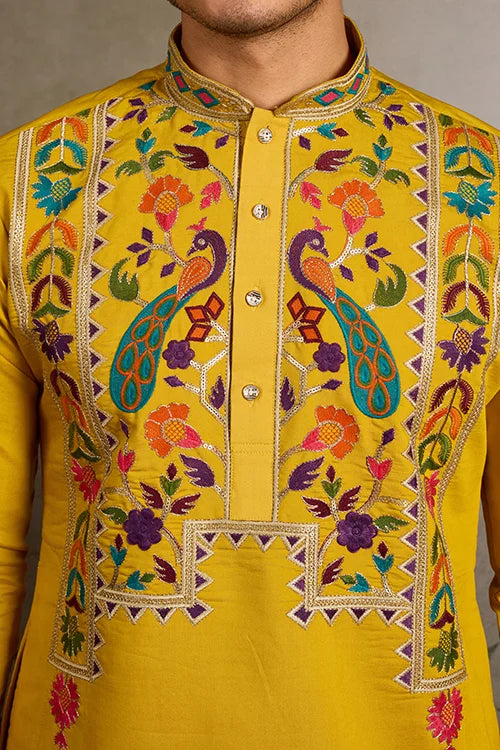 Haldi Special Yellow Embroidered Kurta for Men Clothsvilla