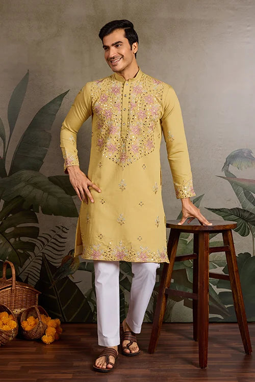 Haldi Special Outfit Mirror Work Mens Kurta Set Clothsvilla