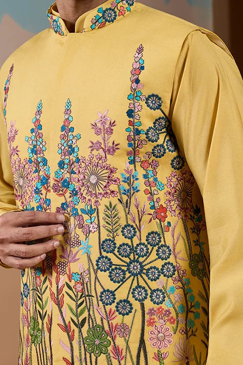 Haldi Ceremony Yellow Embroidered Koti Kurta Set for Mens Clothsvilla