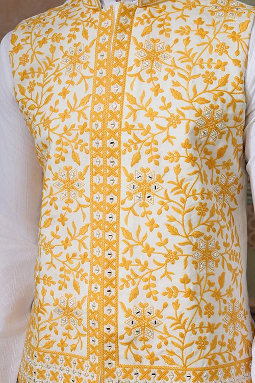 Haldi Special Yellow Koti with White Kurta for Mens Clothsvilla