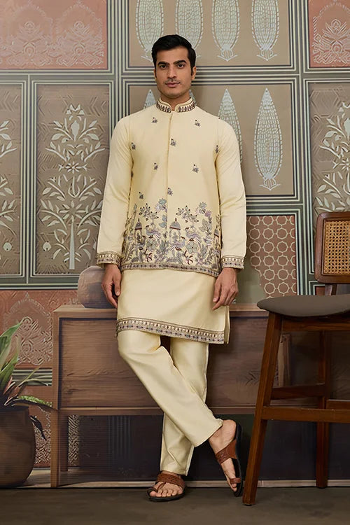 Haldi Special Light Yellow Koti Kurta Set for Mens Wear Clothsvilla