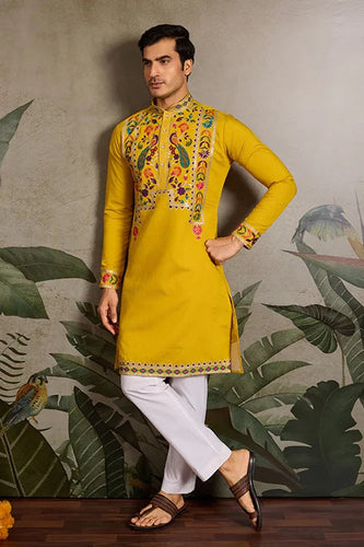 Haldi Special Yellow Embroidered Kurta for Men Clothsvilla