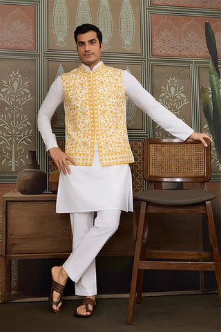 Haldi Special Yellow Koti with White Kurta for Mens Clothsvilla