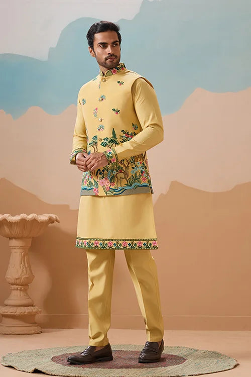 Haldi Special Yellow Classic Koti Kurta Set for Mens Wear Clothsvilla