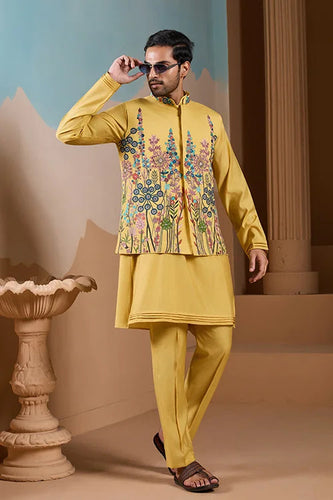 Haldi Ceremony Yellow Embroidered Koti Kurta Set for Mens Clothsvilla
