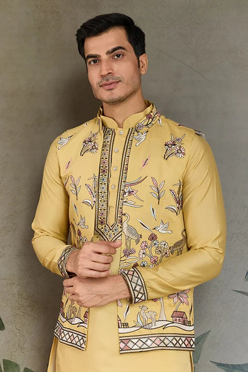 Haldi Special Yellow Kurta Pajama with Open Jacket for Men Clothsvilla