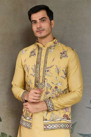 Haldi Special Yellow Kurta Pajama with Open Jacket for Men Clothsvilla