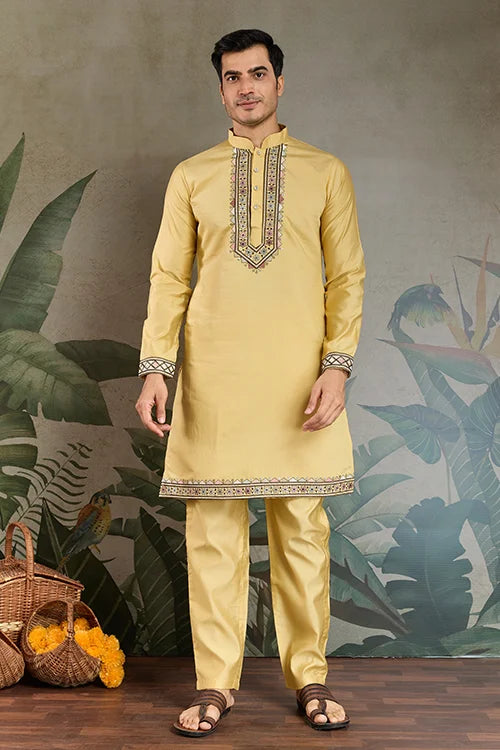 Haldi Special Yellow Kurta Pajama with Open Jacket for Men Clothsvilla
