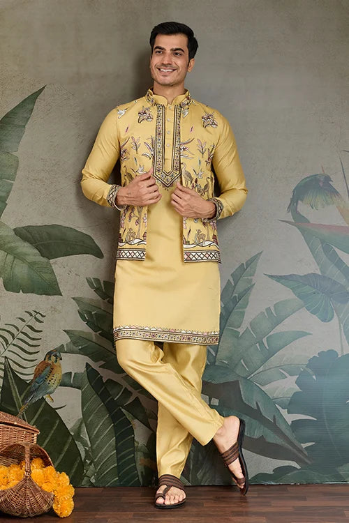 Haldi Special Yellow Kurta Pajama with Open Jacket for Men Clothsvilla