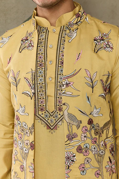 Haldi Special Yellow Kurta Pajama with Open Jacket for Men Clothsvilla