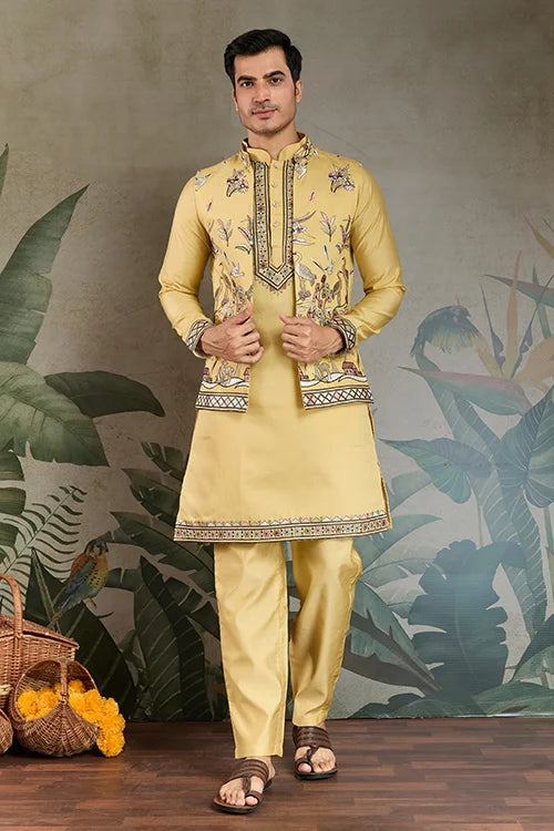 Haldi Special Yellow Kurta Pajama with Open Jacket for Men Clothsvilla