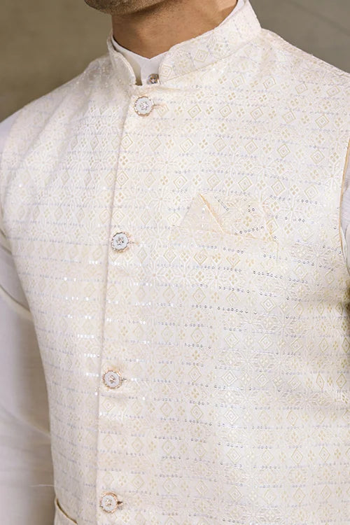 White Roman Silk Kurta with Jacquard Koti Jacket Clothsvilla