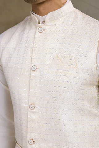 White Roman Silk Kurta with Jacquard Koti Jacket Clothsvilla