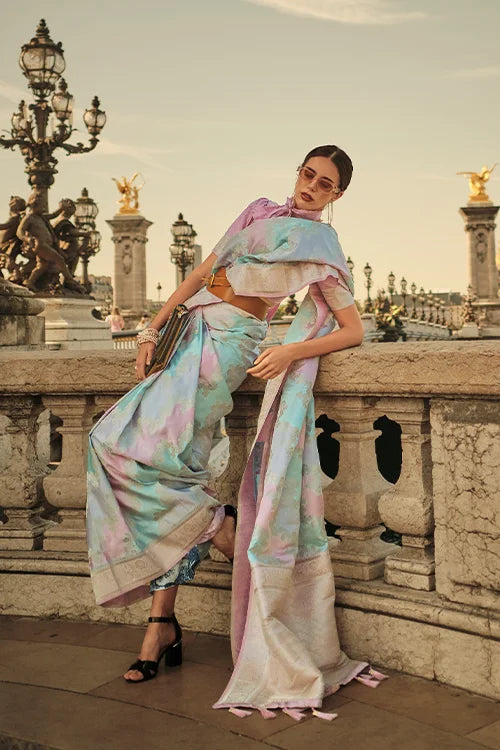 Banarasi Satin Silk Saree with Unstitched Blouse Secondary image