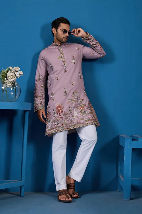 Heavy Embroidered Dusty Pink Kurta for Men Clothsvilla