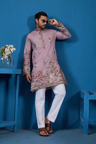 Heavy Embroidered Dusty Pink Kurta for Men Clothsvilla