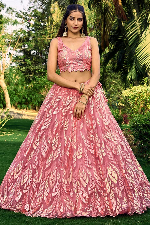 Hot Pink Designer Soft Net Thread With Multiple Sequins Work Lehenga Choli Clothsvilla