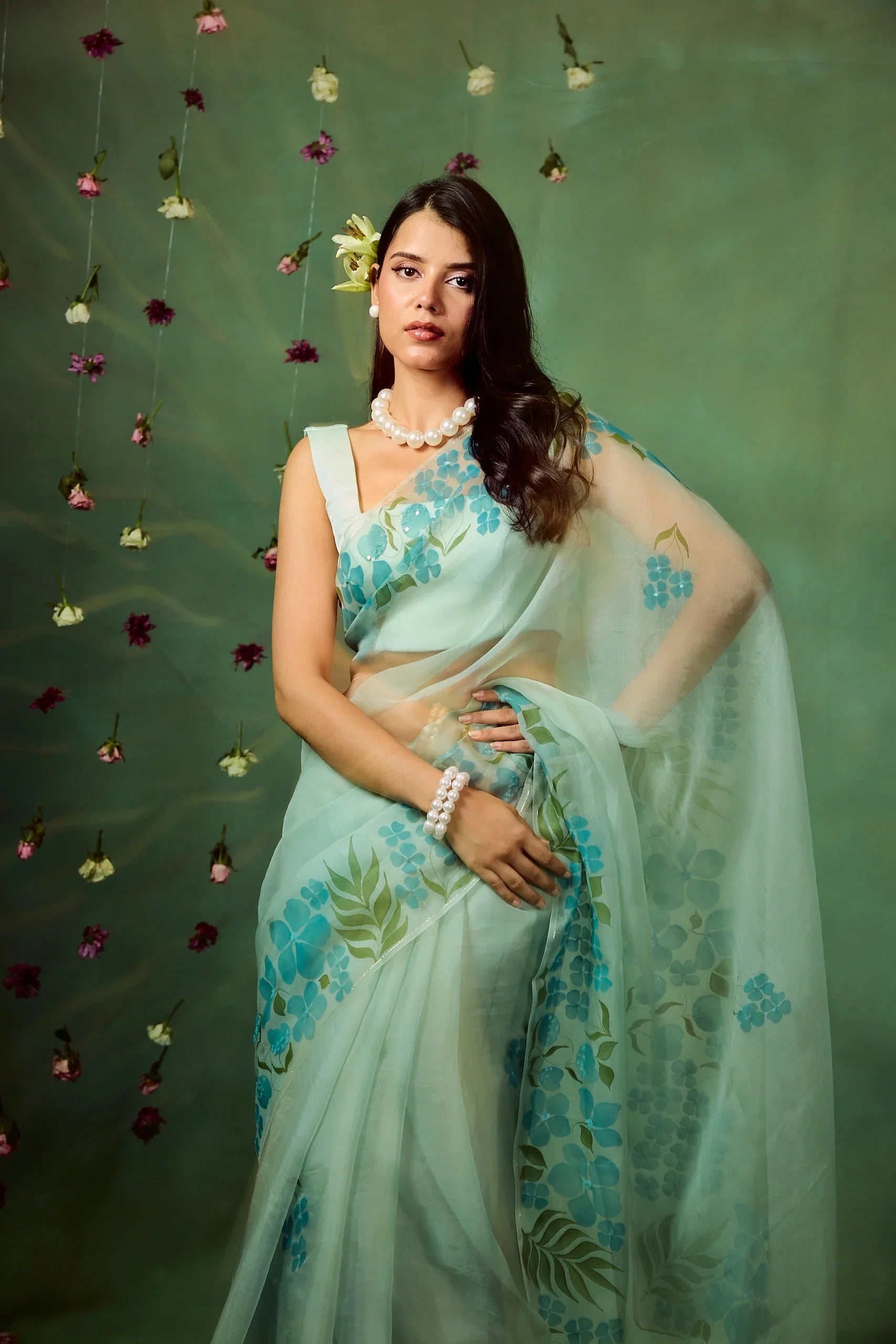 Sky Blue Pure Organza Hand-Painted Saree with White Floral Motifs & Sequins | Modal Satin Blouse FANCY SAREES