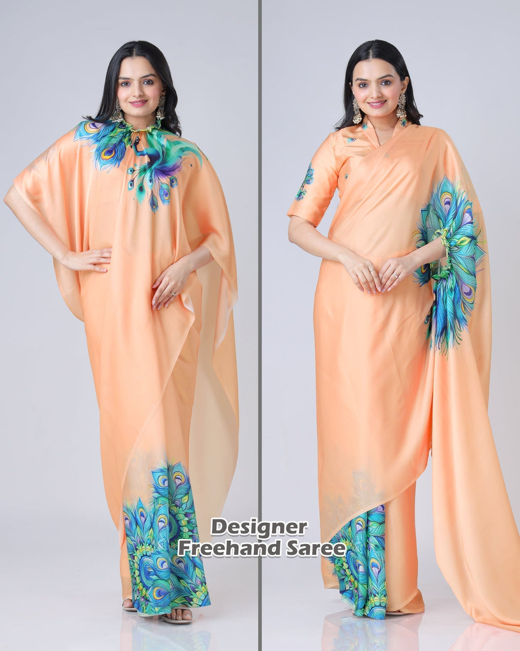 Peach Bliss Designer Freehand Peacock Print Saree in Georgette Satin – Ready to Wear FREEHANDED