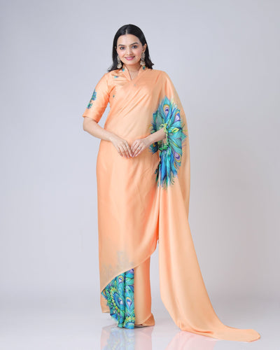 Peach Bliss Designer Freehand Peacock Print Saree in Georgette Satin – Ready to Wear FREEHANDED