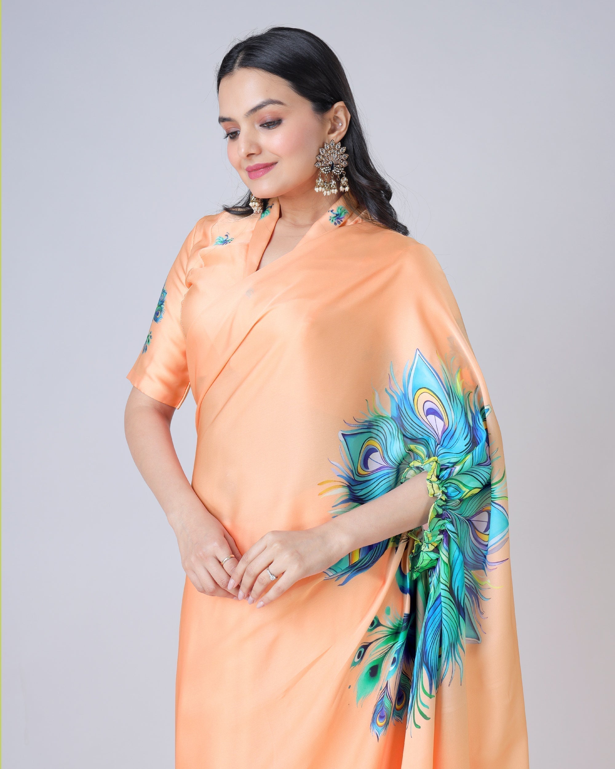 Peach Bliss Designer Freehand Peacock Print Saree in Georgette Satin – Ready to Wear Secondary image