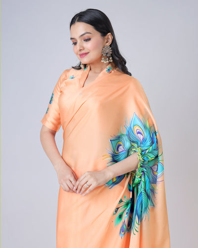 Peach Bliss Designer Freehand Peacock Print Saree in Georgette Satin – Ready to Wear FREEHANDED
