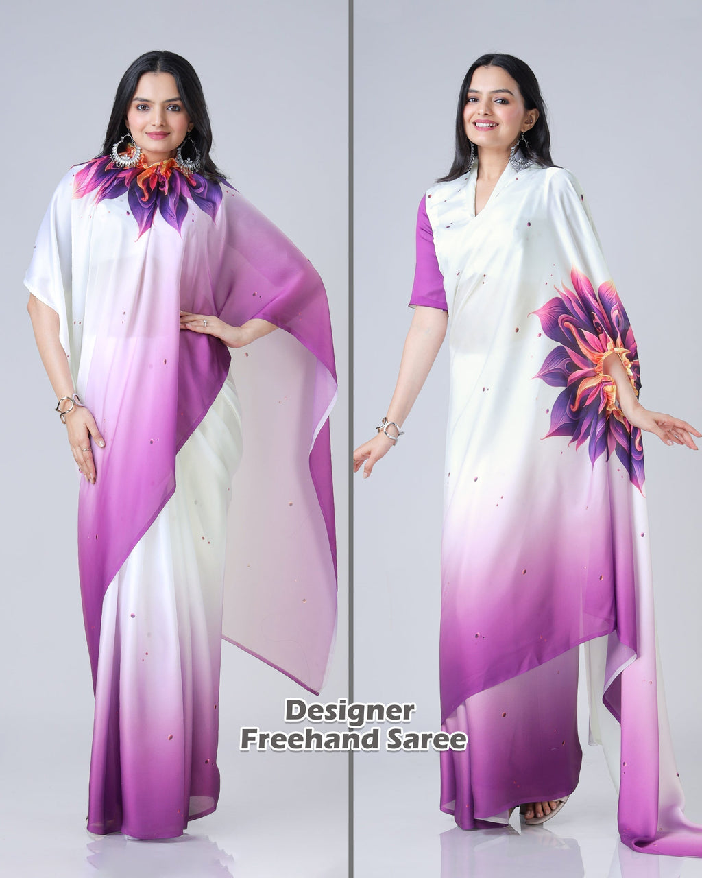 Soft Peach Designer Freehand Mandala Print Saree in Georgette Satin – Ready to Wear FREEHANDED
