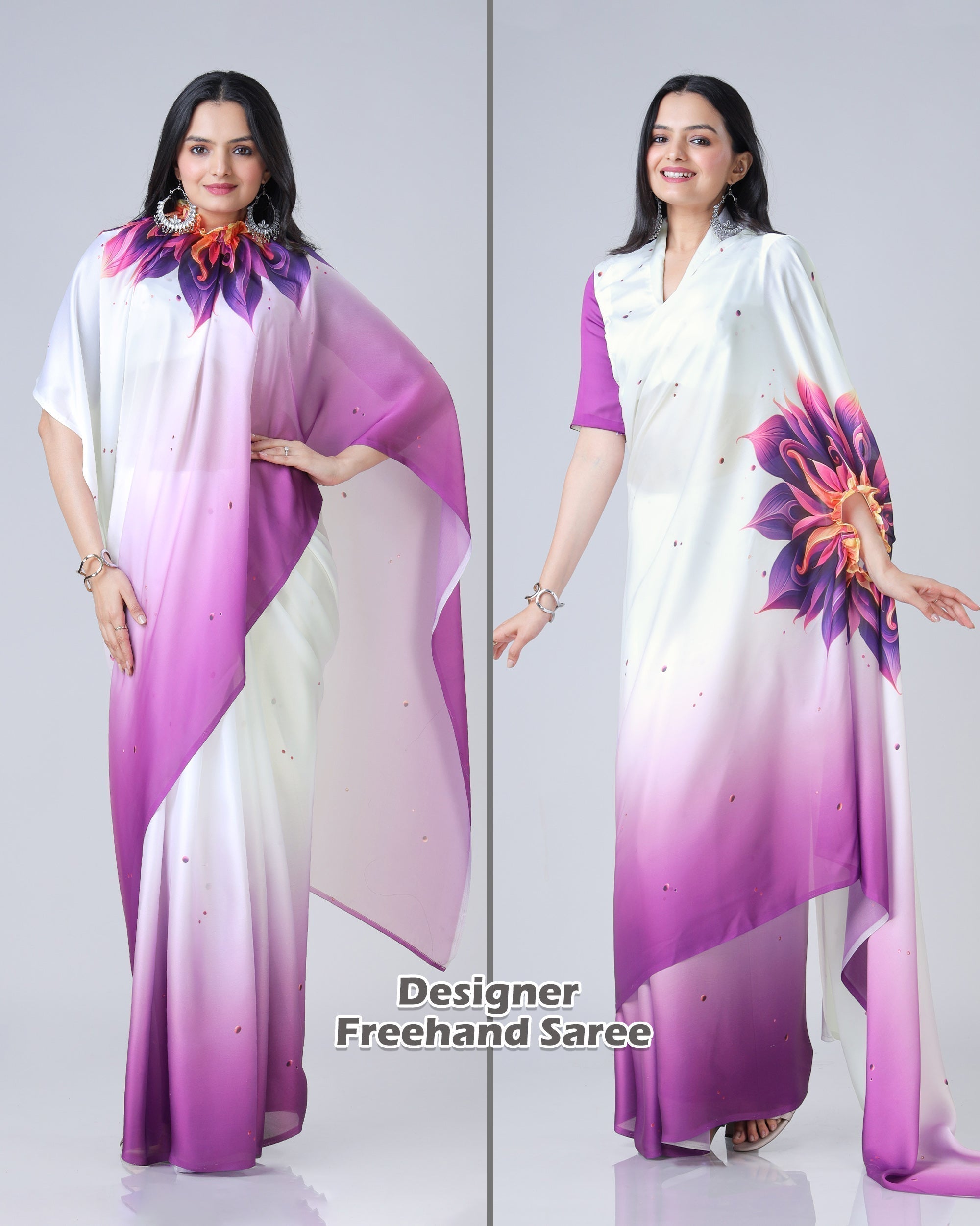 Soft Peach Designer Freehand Mandala Print Saree in Georgette Satin – Ready to Wear FREEHANDED