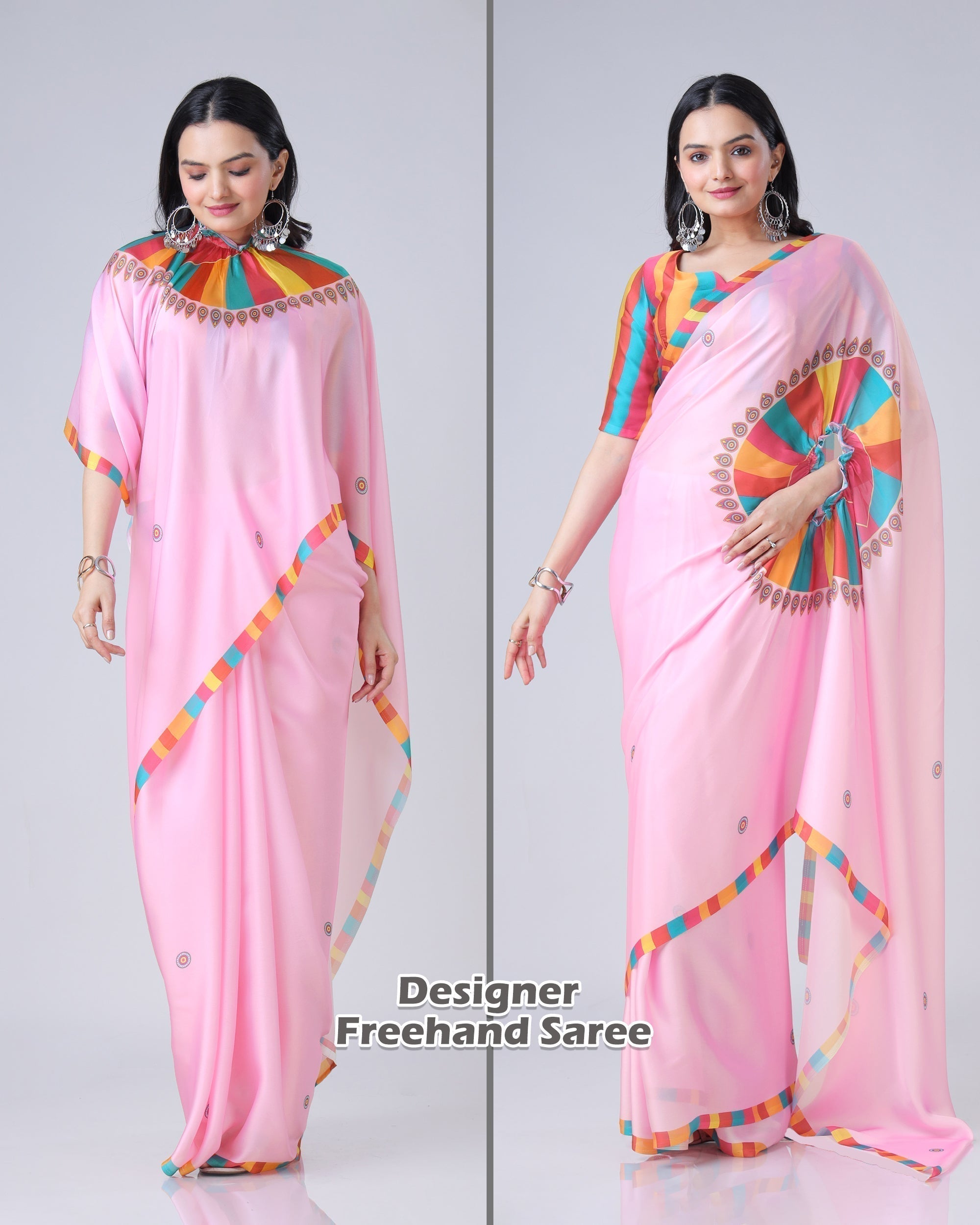 Pink Multi-Color Freehand Designer Saree in Georgette Satin – Vibrant Festive Wear FREEHANDED