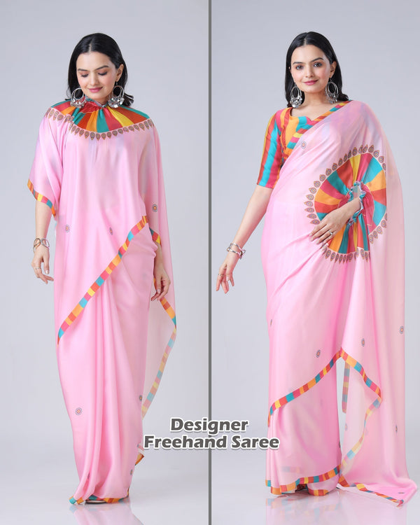Pink Multi-Color Freehand Designer Saree in Georgette Satin – Vibrant Festive Wear FREEHANDED