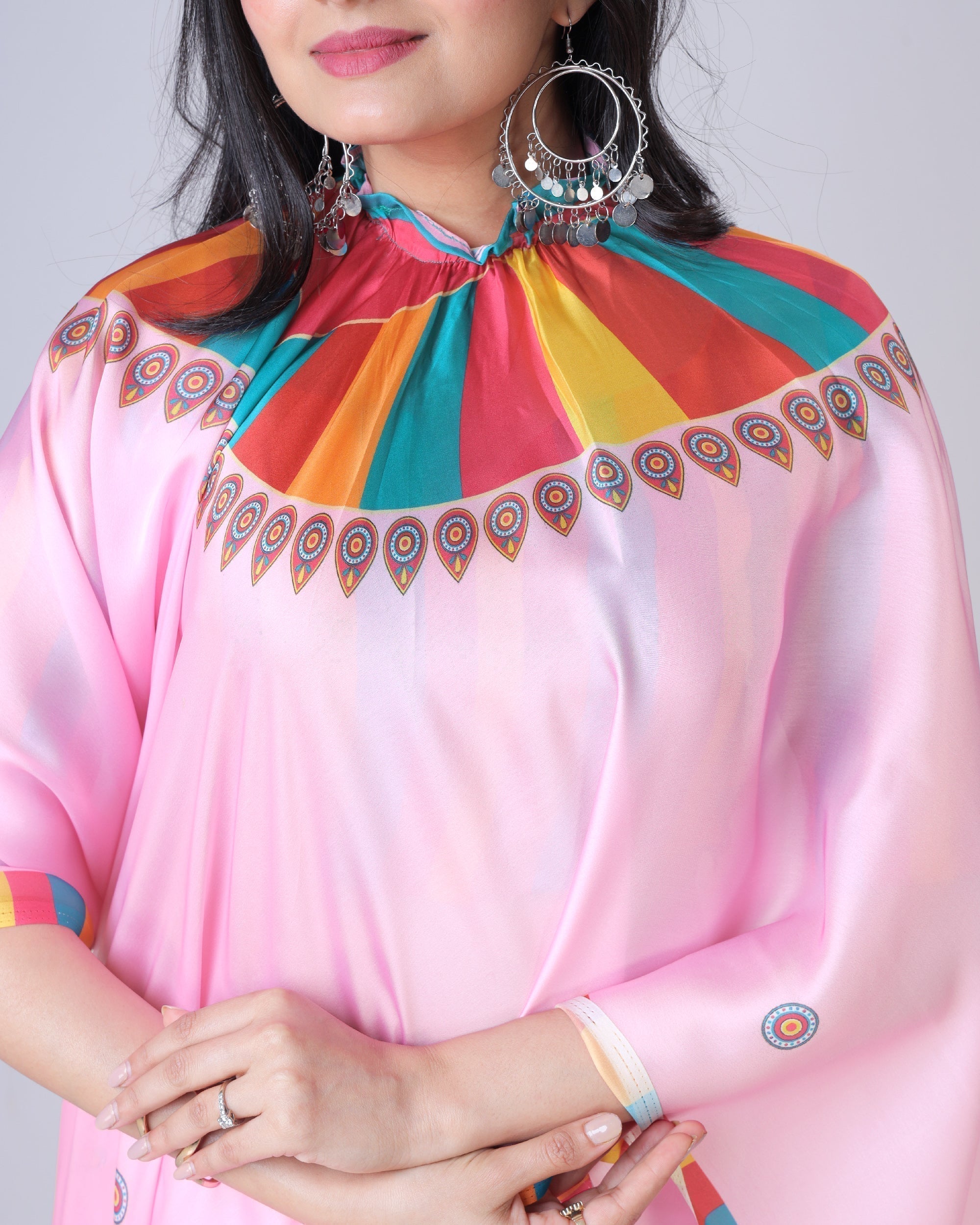 Pink Multi-Color Freehand Designer Saree in Georgette Satin – Vibrant Festive Wear FREEHANDED