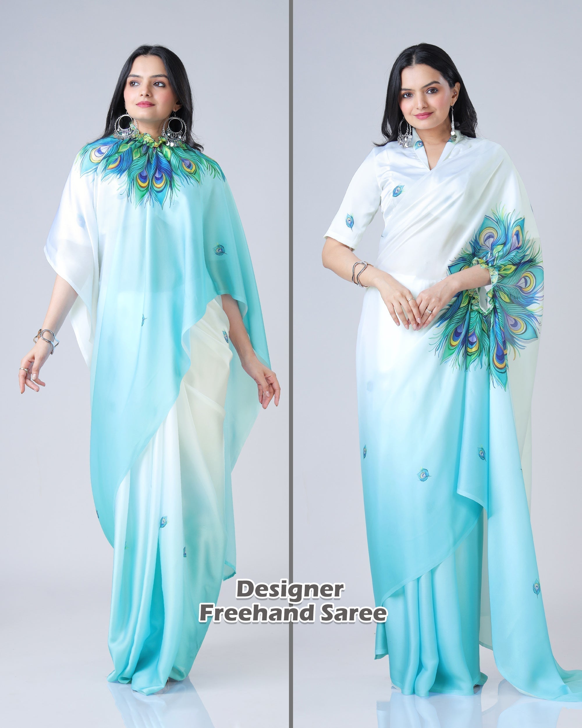 Elegant Sky Blue & White Peacock Feather Print Freehand Saree in Georgette Satin – Ready to Wear FREEHANDED