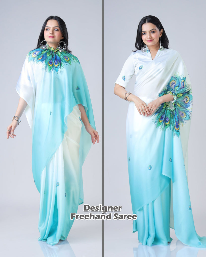 Elegant Sky Blue & White Peacock Feather Print Freehand Saree in Georgette Satin – Ready to Wear FREEHANDED