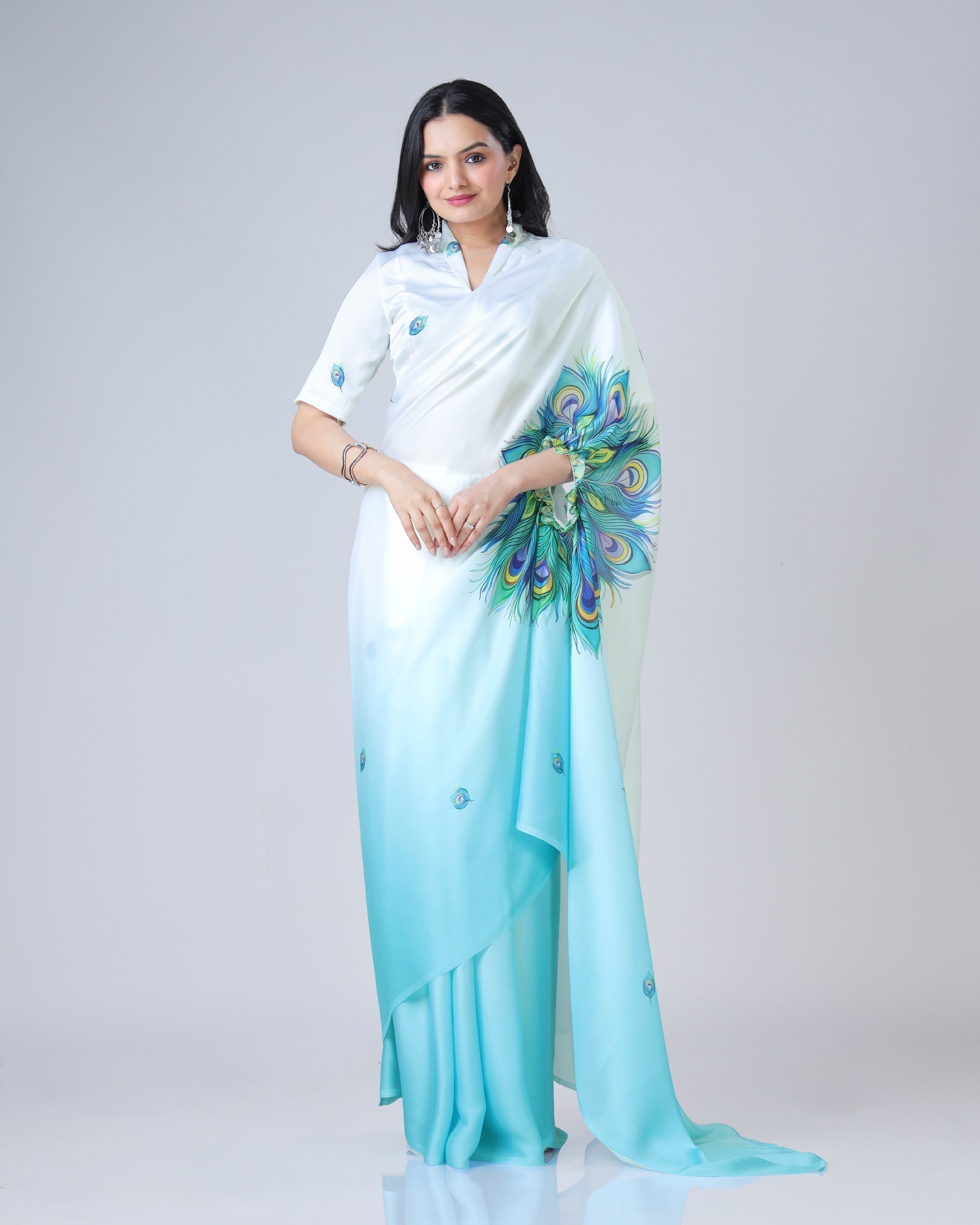 Elegant Sky Blue & White Peacock Feather Print Freehand Saree in Georgette Satin – Ready to Wear FREEHANDED
