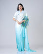 Load image into Gallery viewer, Elegant Sky Blue &amp; White Peacock Feather Print Freehand Saree in Georgette Satin – Ready to Wear FREEHANDED