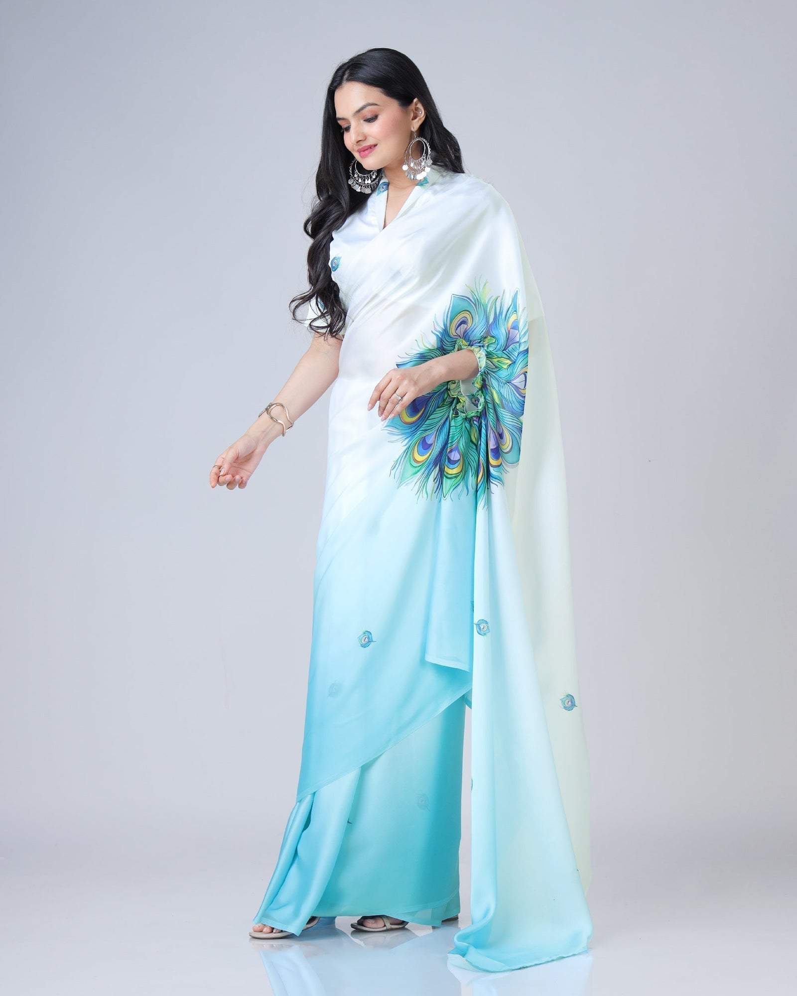 Elegant Sky Blue & White Peacock Feather Print Freehand Saree in Georgette Satin – Ready to Wear FREEHANDED