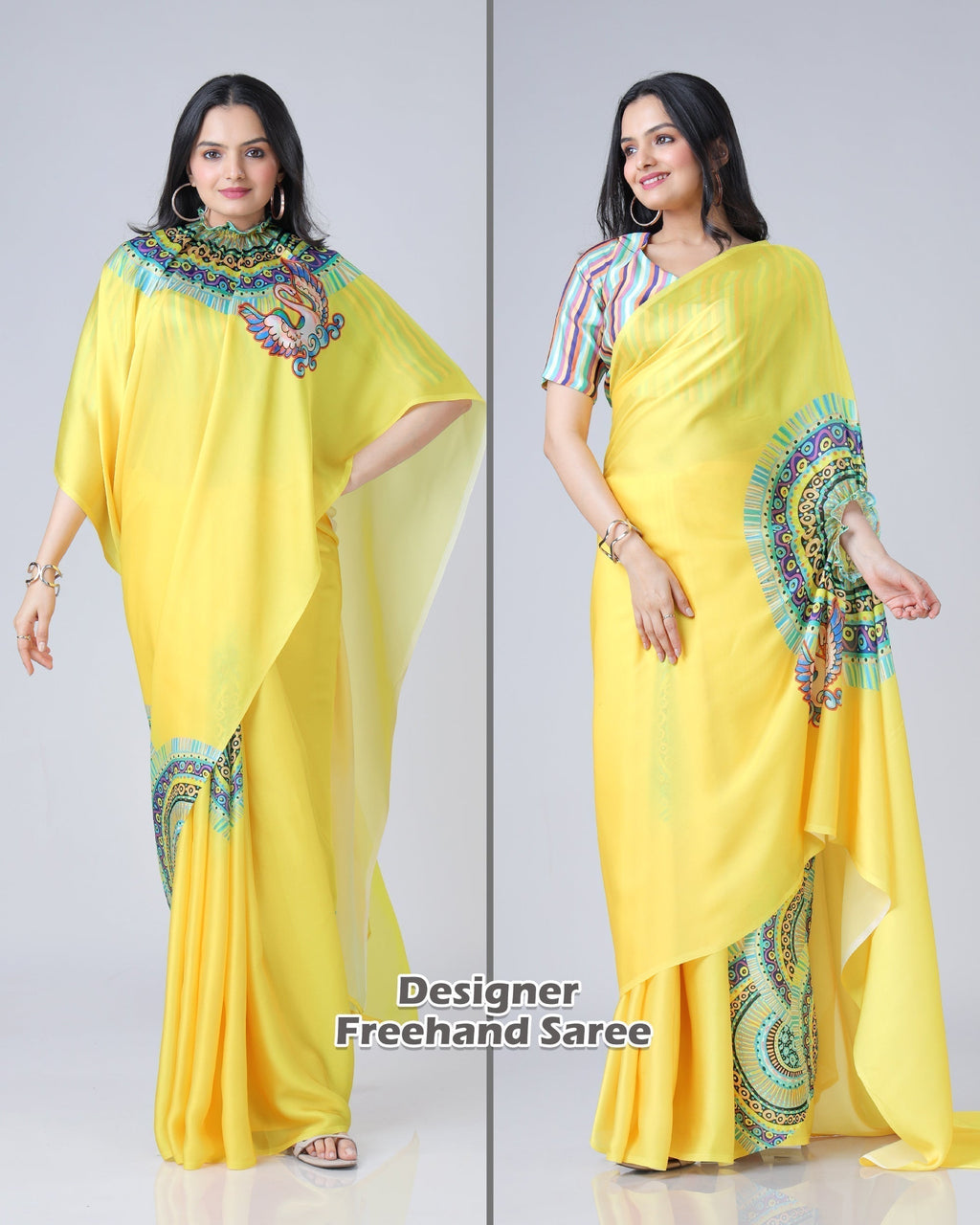 Sunshine Yellow Designer Freehand Swan Print Saree in Georgette Satin – Ready to Wear FREEHANDED