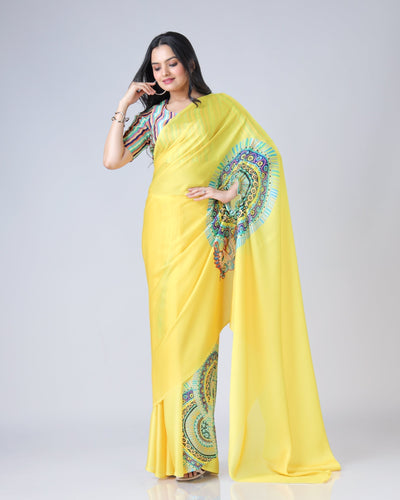 Sunshine Yellow Designer Freehand Swan Print Saree in Georgette Satin – Ready to Wear FREEHANDED