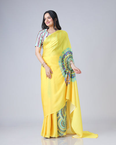 Sunshine Yellow Designer Freehand Swan Print Saree in Georgette Satin – Ready to Wear FREEHANDED