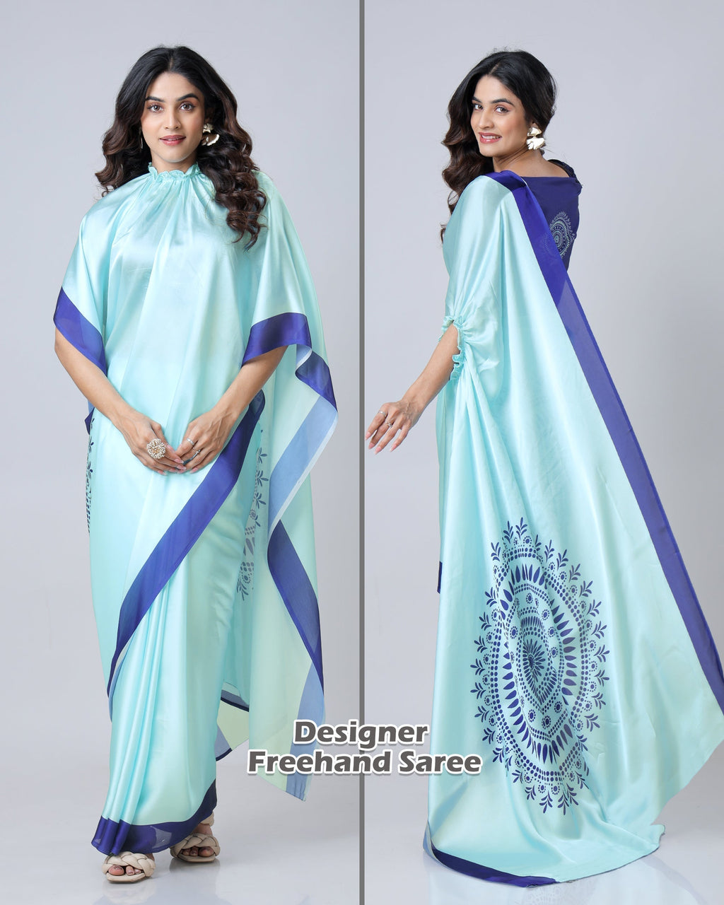 Aqua Blue & Navy Mandala Print Freehand Georgette Satin Saree – Elegant Designer Drape with Ready-to-Wear Finish FREEHANDED