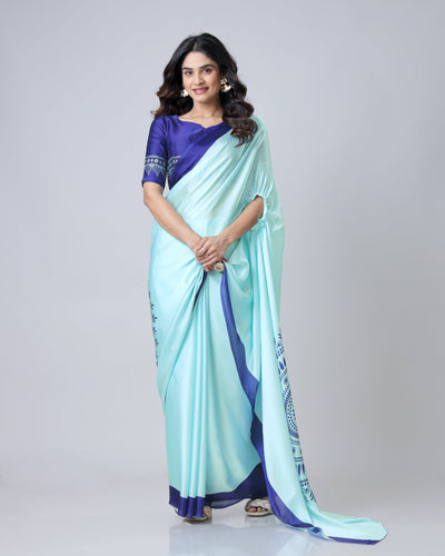 Aqua Blue & Navy Mandala Print Freehand Georgette Satin Saree – Elegant Designer Drape with Ready-to-Wear Finish FREEHANDED